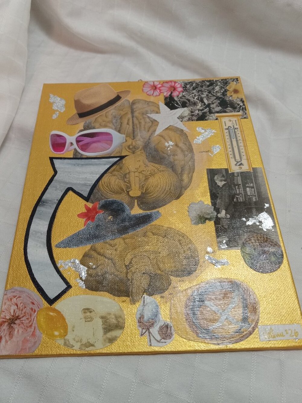 Prints of old magazines on canvas, gold paint, and mixed-media collages